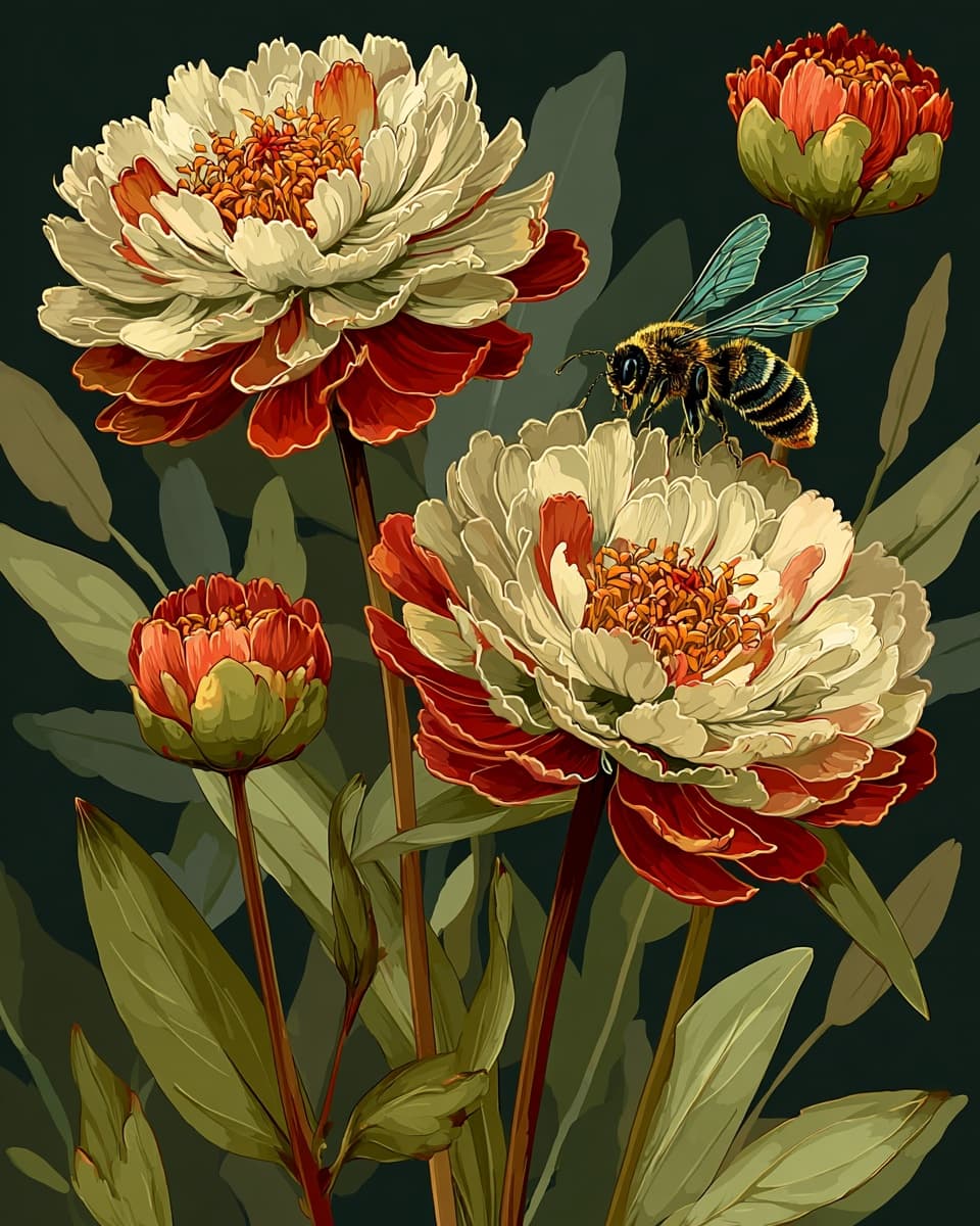 Peonies with a bee on a dark green background in a style reminiscent of Maria Sibylla Merian