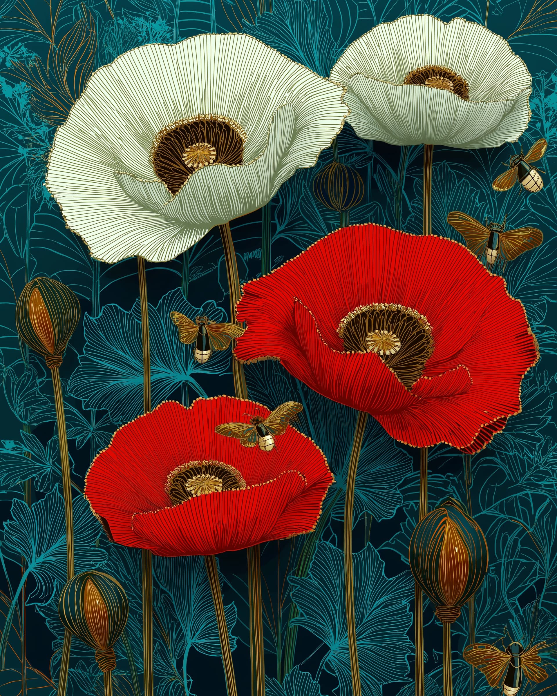 White and red poppies with bees on a deep teal background in an illustrative botanical style