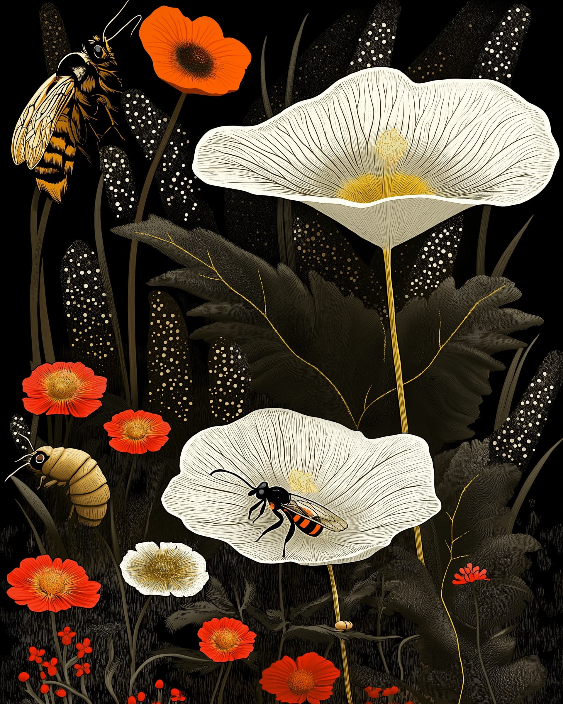 White poppies and red wildflowers with bees and a snail on a dark background, in a folk art botanical style