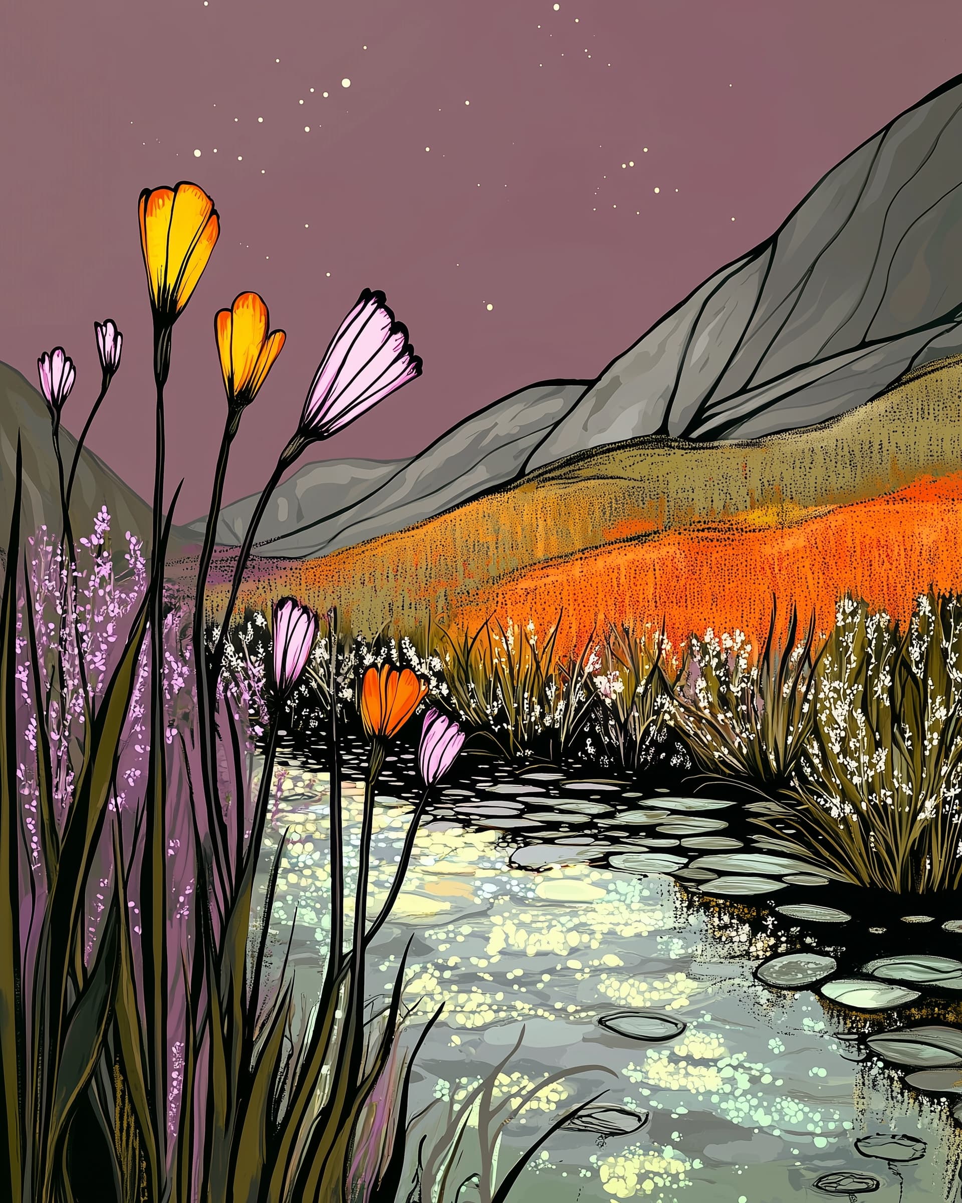 A wetland twilight scene with crocuses by a stream in an illustrative painting style