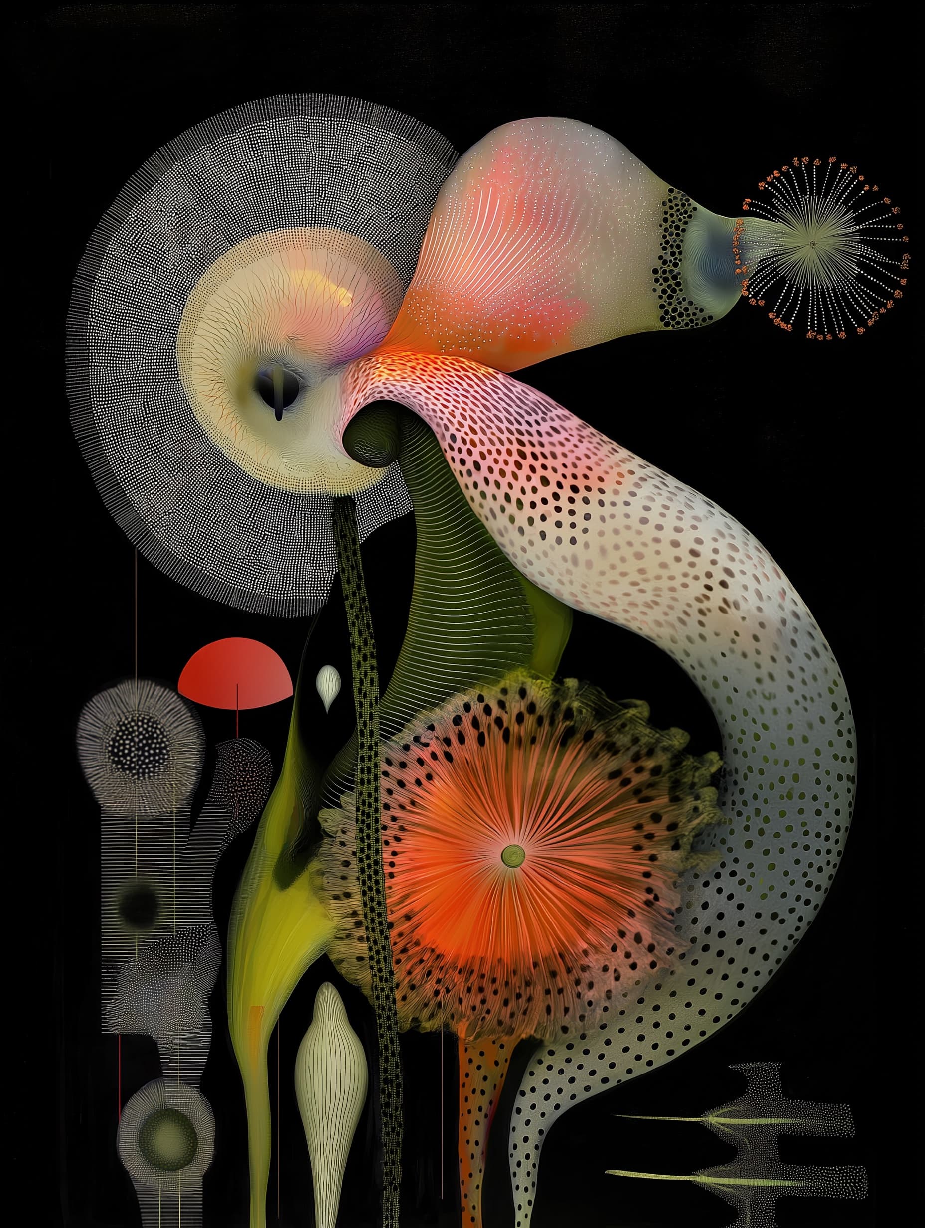 Abstract organic forms with dotted patterns and coral accents on black, resembling a scientific specimen plate