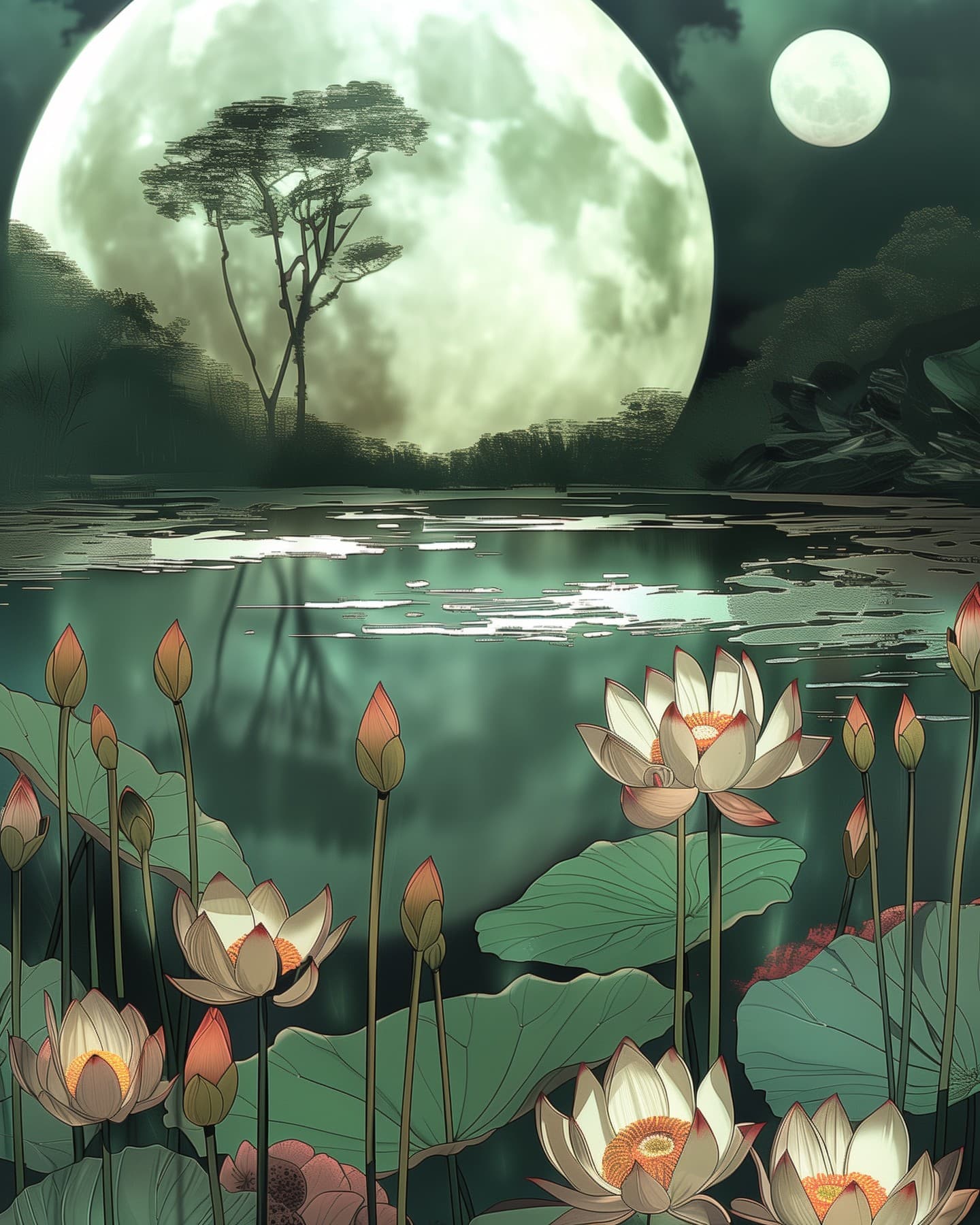 Lotus flowers and buds on dark teal water with a full moon reflected, in an illustrative painting style