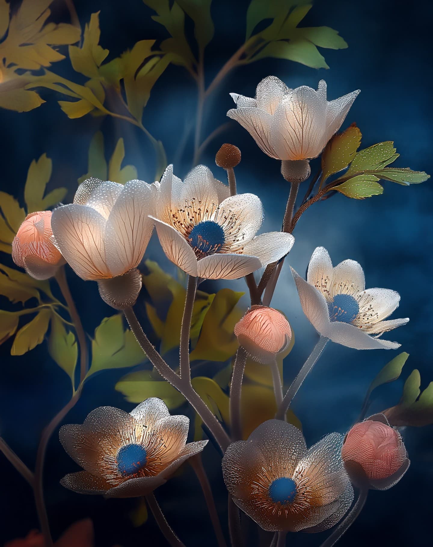 Luminous cream and coral anemone flowers with golden stamens against a deep blue-black background