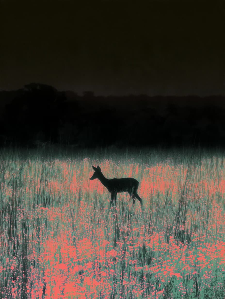A small dark deer standing in a field of muted teal and coral beneath a black sky.