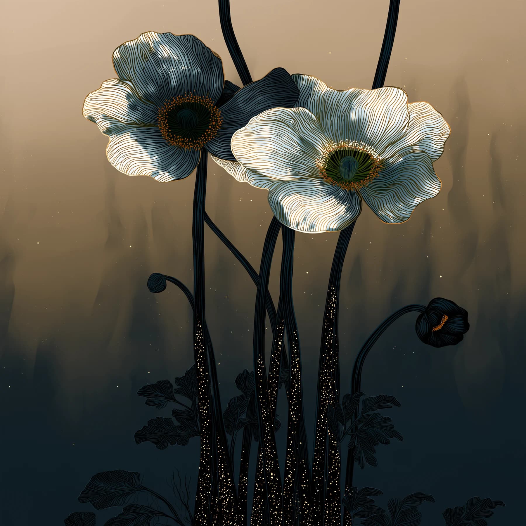 Two ivory flowers on dark curling stems against an ochre and blue ground.