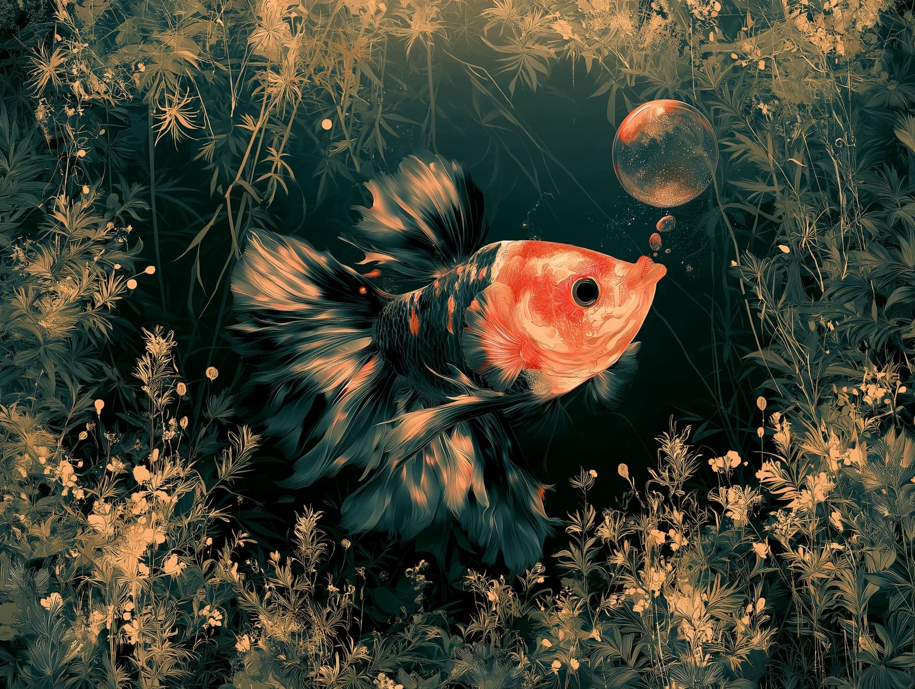 A black and coral fish blowing a bubble among intricate golden foliage.