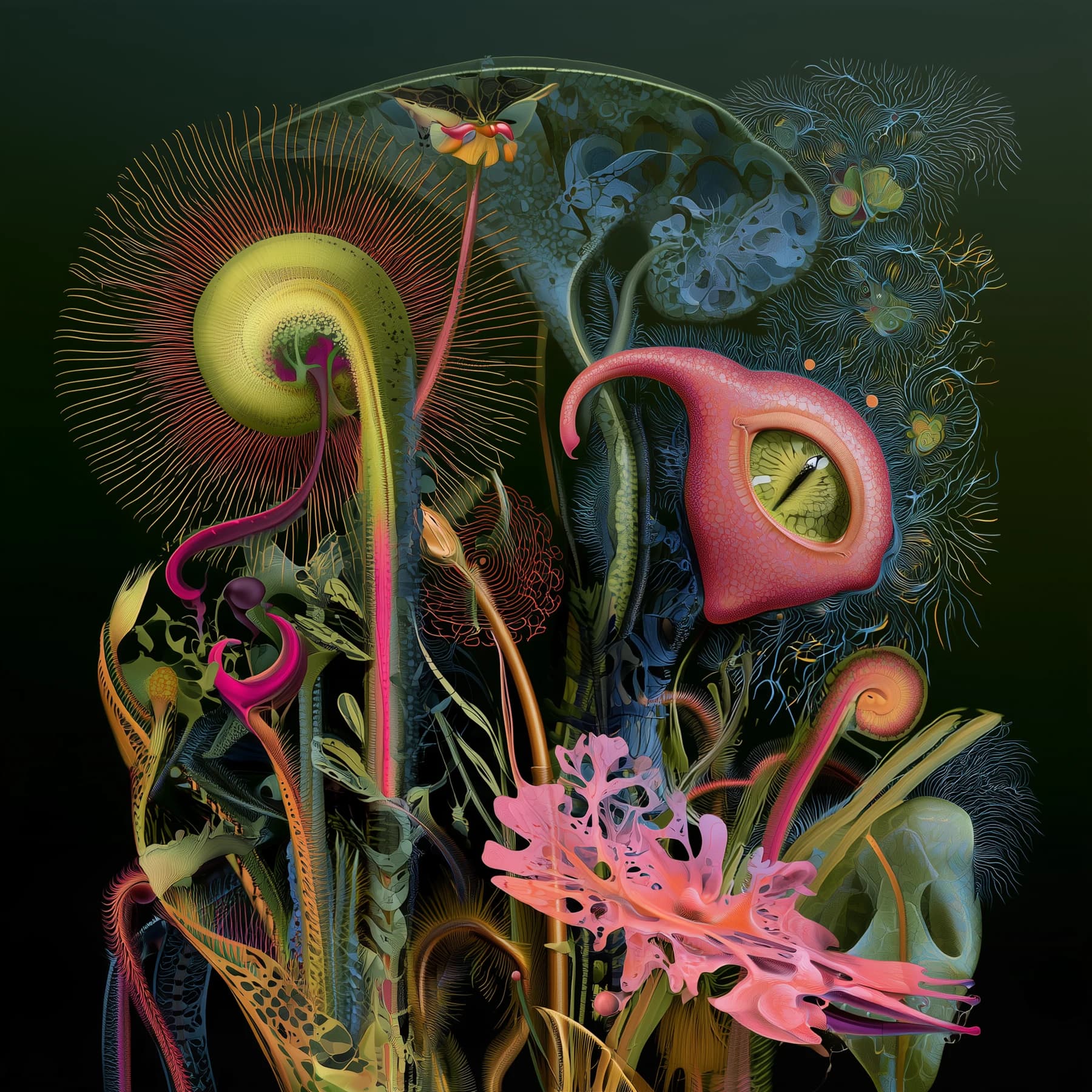 Spiraling botanical forms in coral, green and gold against a dark background.