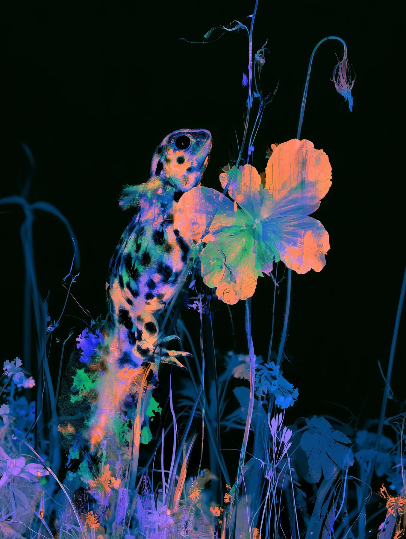 A spotted amphibian rises beside a coral flower on an almost black background.