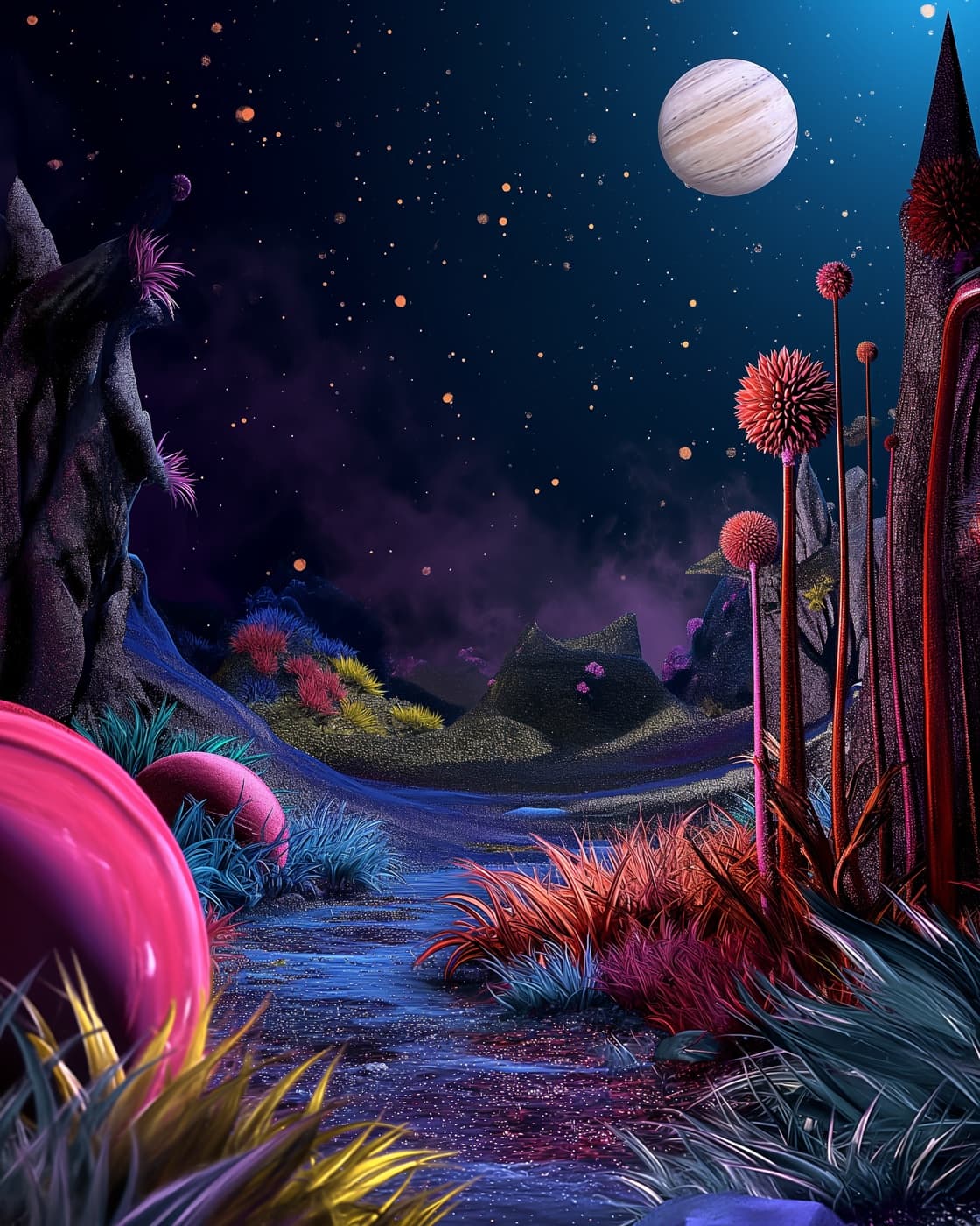 A surreal garden glowing with bioluminescent plants under a cosmic sky