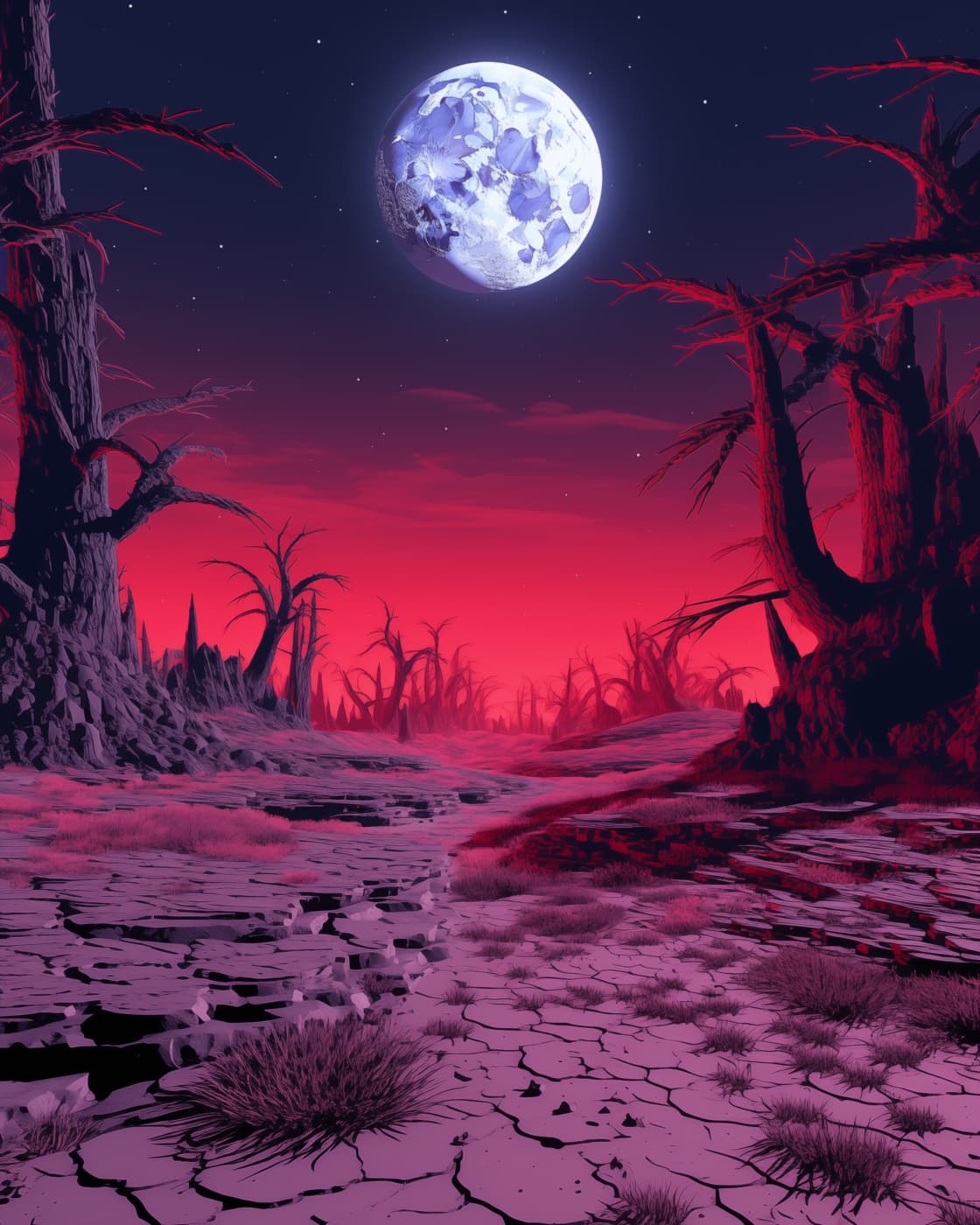 A vast crimson desert landscape with dramatic red skies and alien terrain