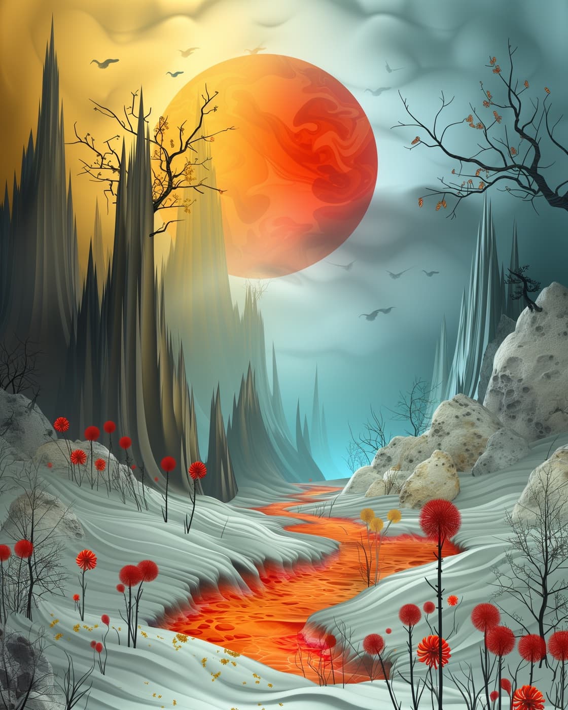 A luminous river of molten gold flowing through a dark volcanic landscape
