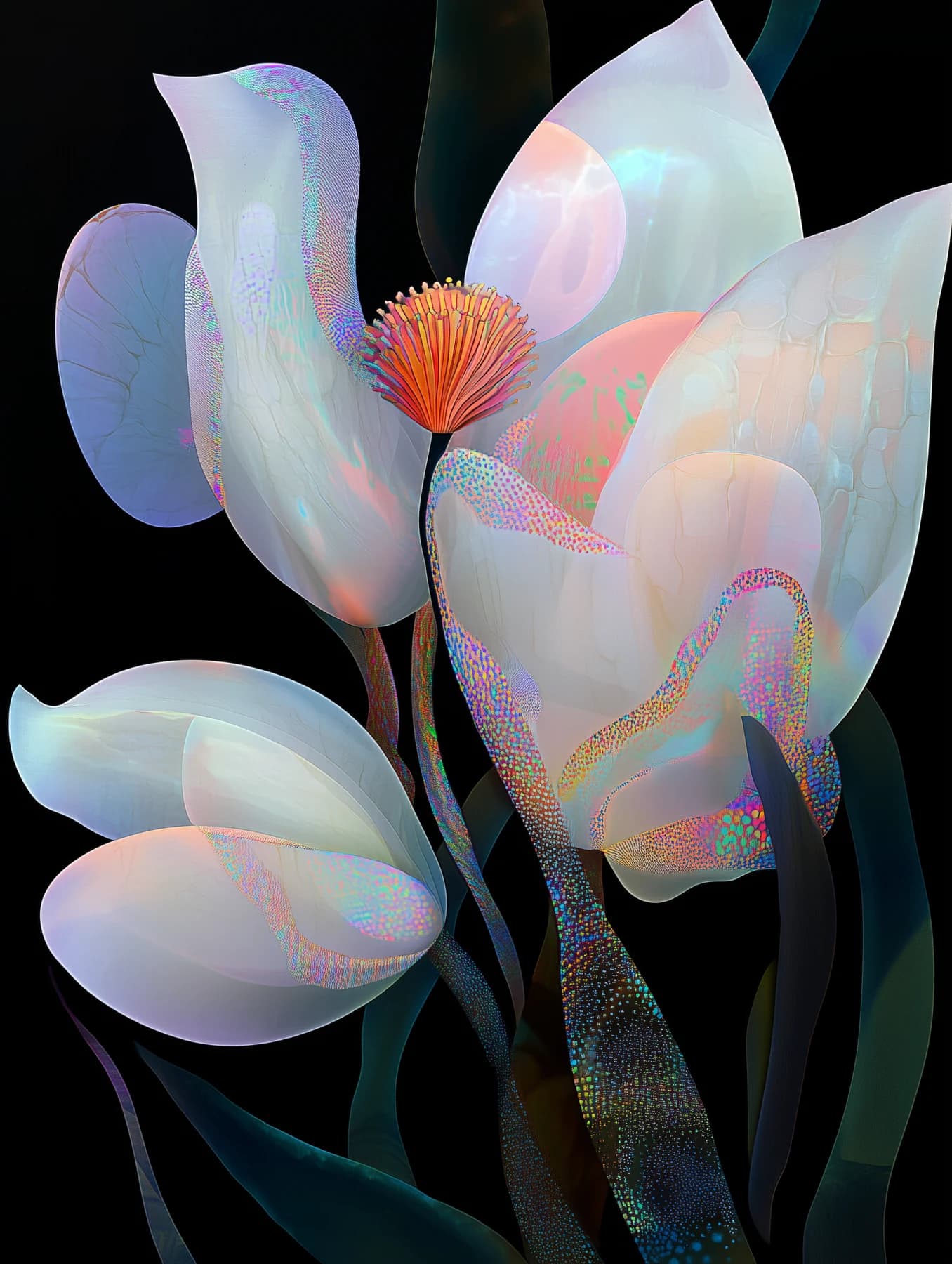 Pearly translucent petals with coral centers on dark blue stems.