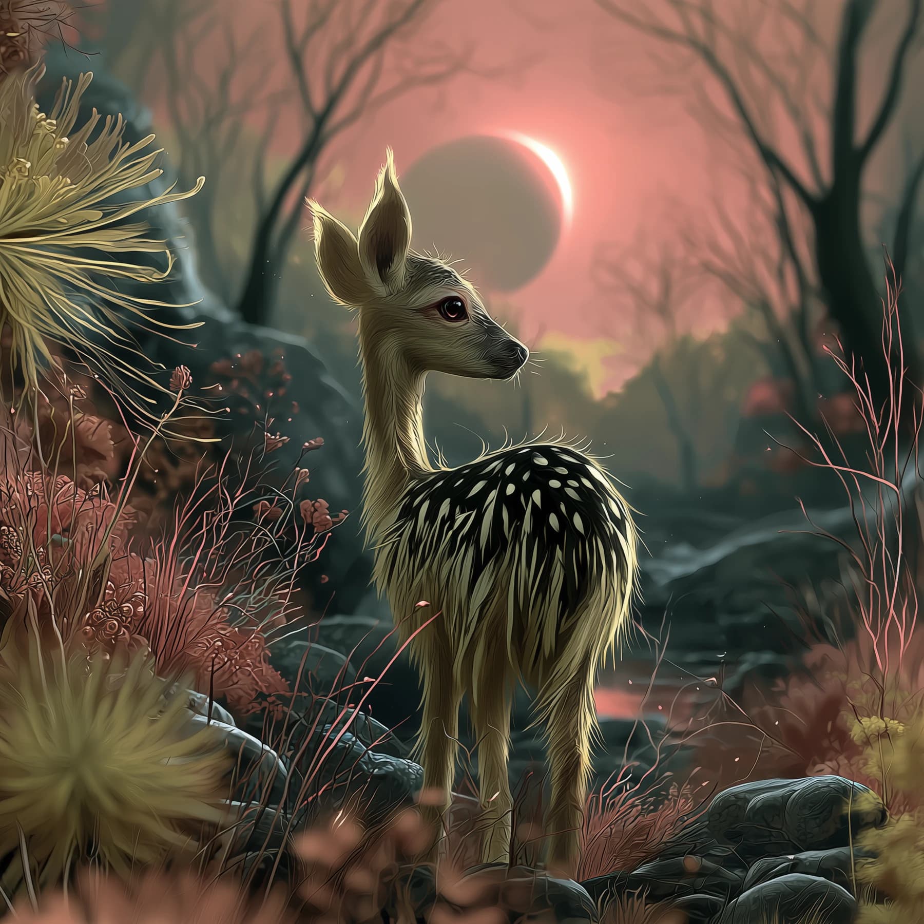 An imagined woodland animal among coral plants and delicate seedheads.
