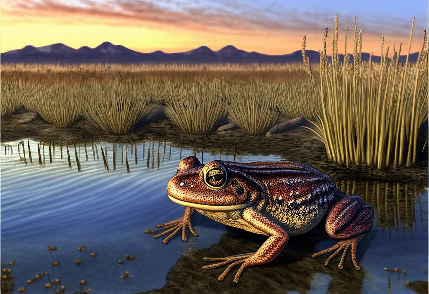 A richly detailed frog in a lush wetland environment with vibrant natural colors