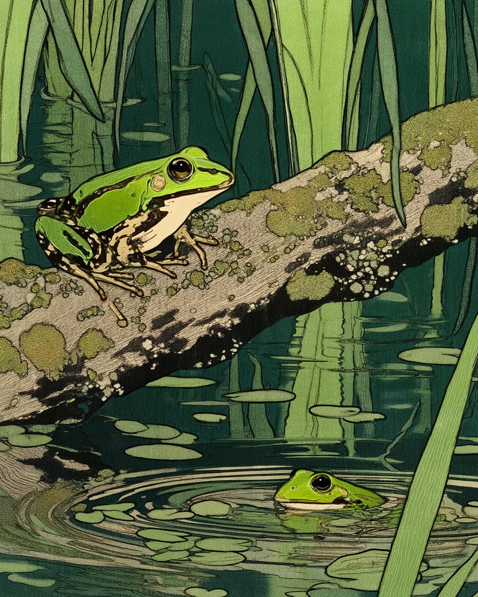 Two green frogs on a mossy log in a wetland, one perched above and one half-submerged, in muted green tones