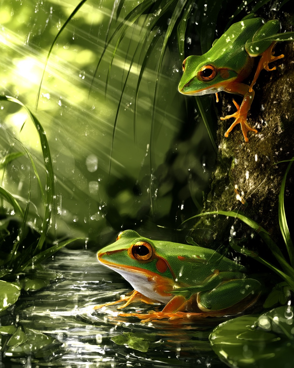 Two frogs in a lush rain-soaked forest with vivid green foliage