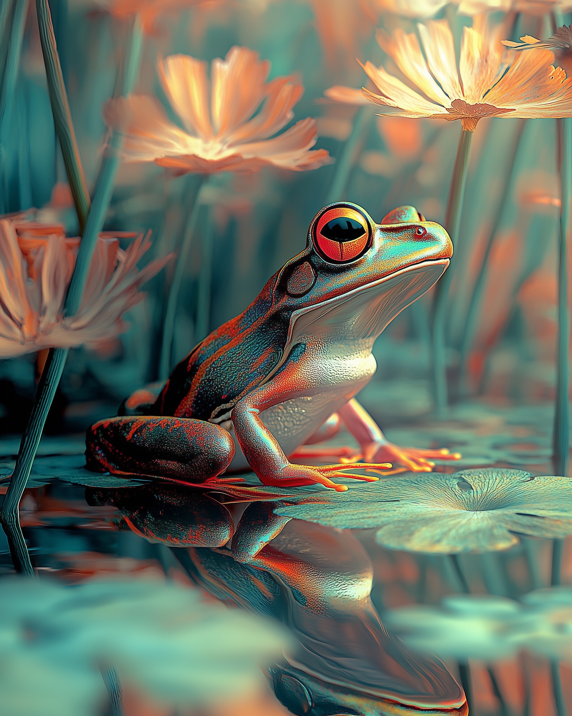A frog sitting on a lily pad in coral and teal tones, looking upward