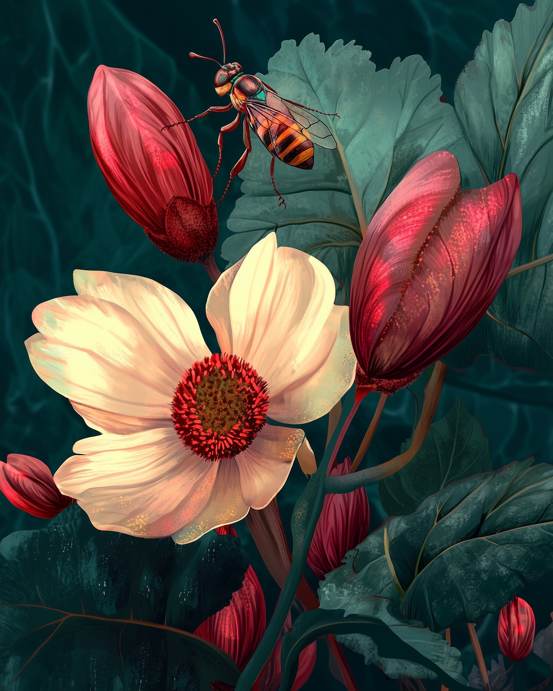 A bee approaching a cream and coral flower with deep teal foliage, in a painterly botanical style