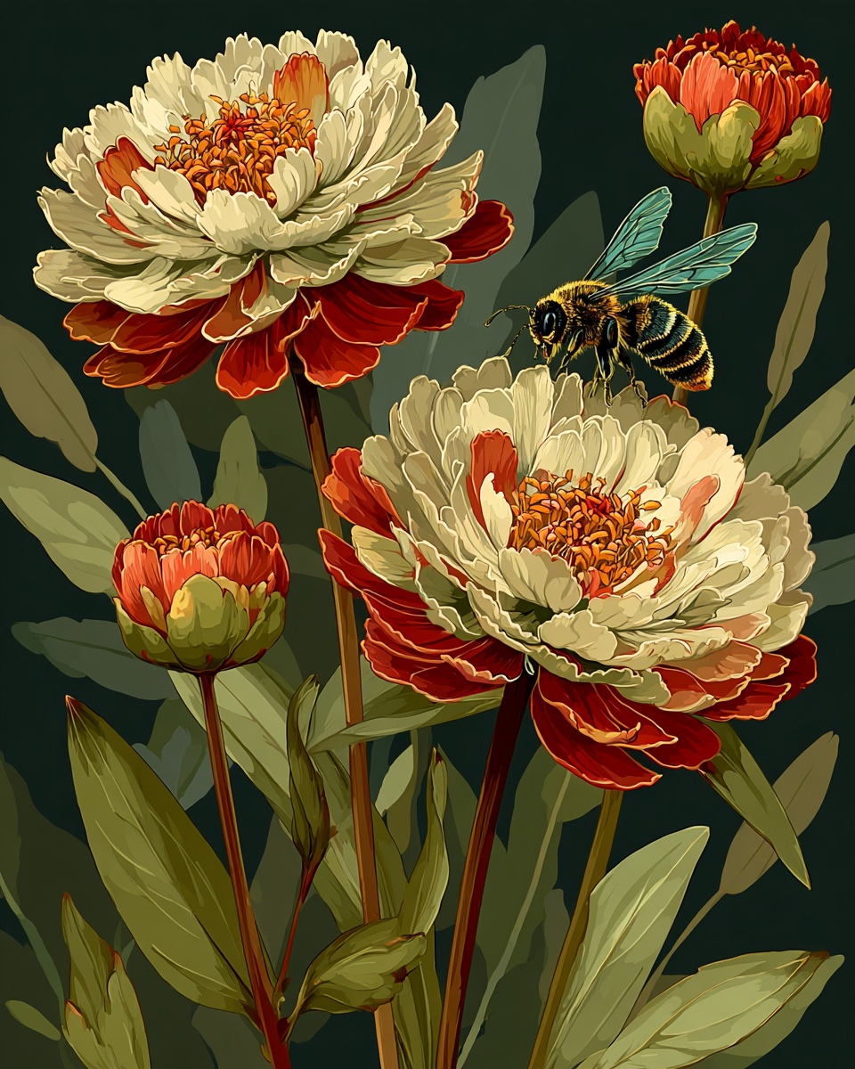 Peonies with a bee on a dark green background in a style reminiscent of Maria Sibylla Merian
