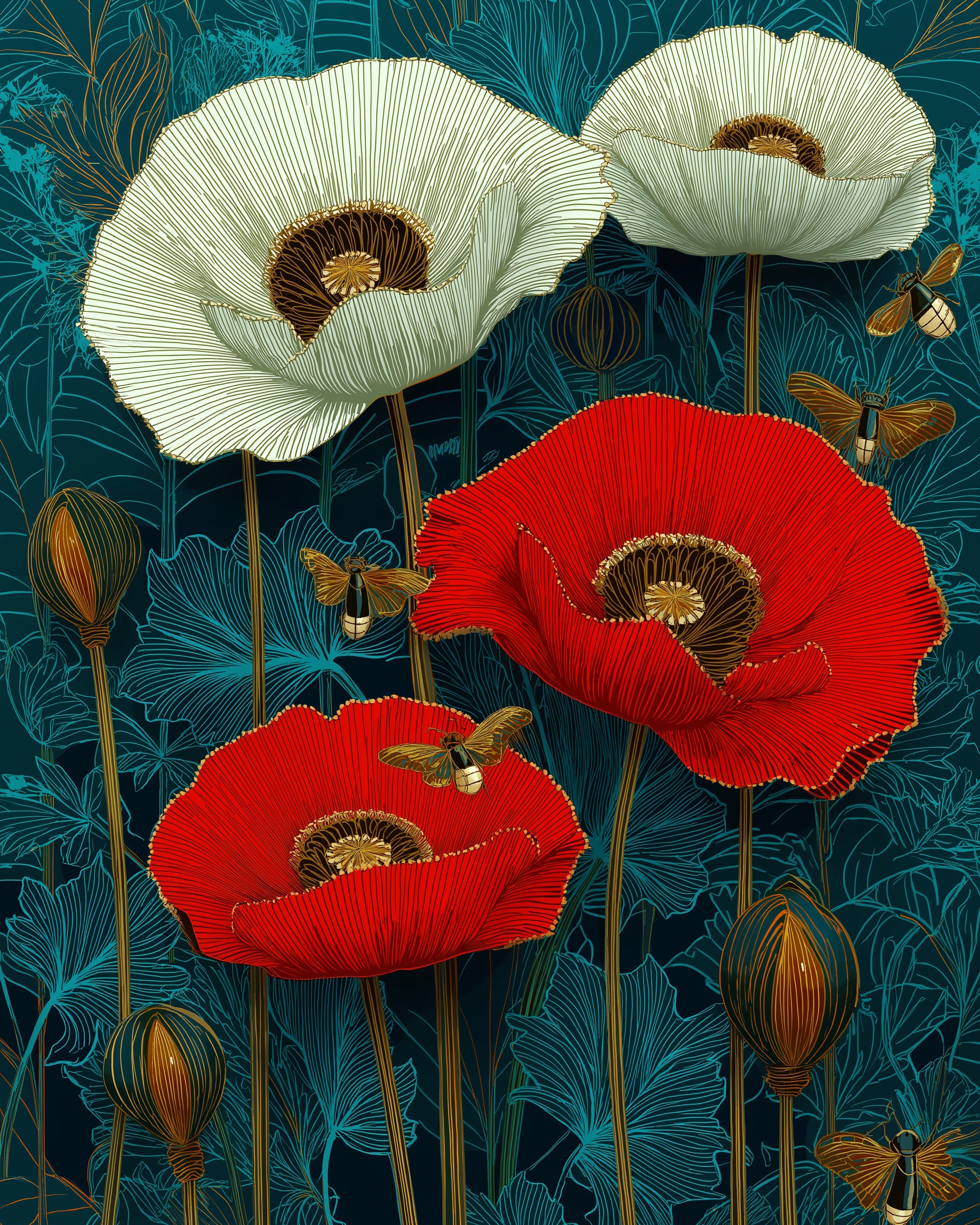 White and red poppies with bees on a deep teal background in an illustrative botanical style