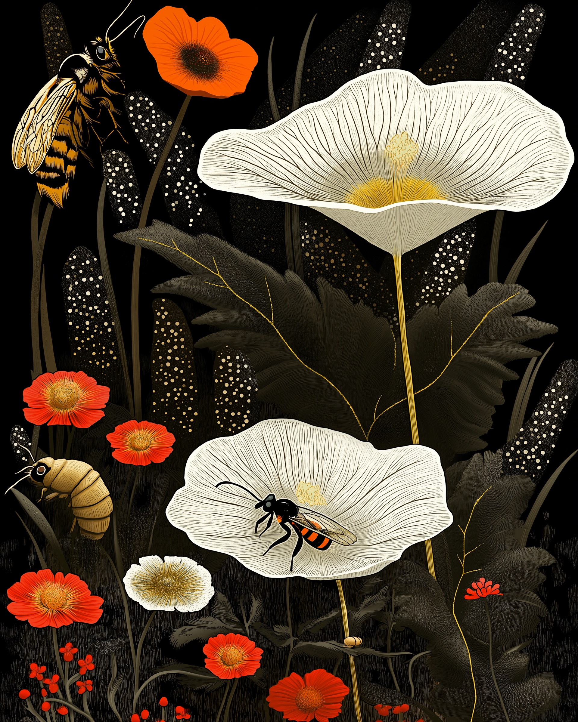 White poppies and red wildflowers with bees and a snail on a dark background, in a folk art botanical style