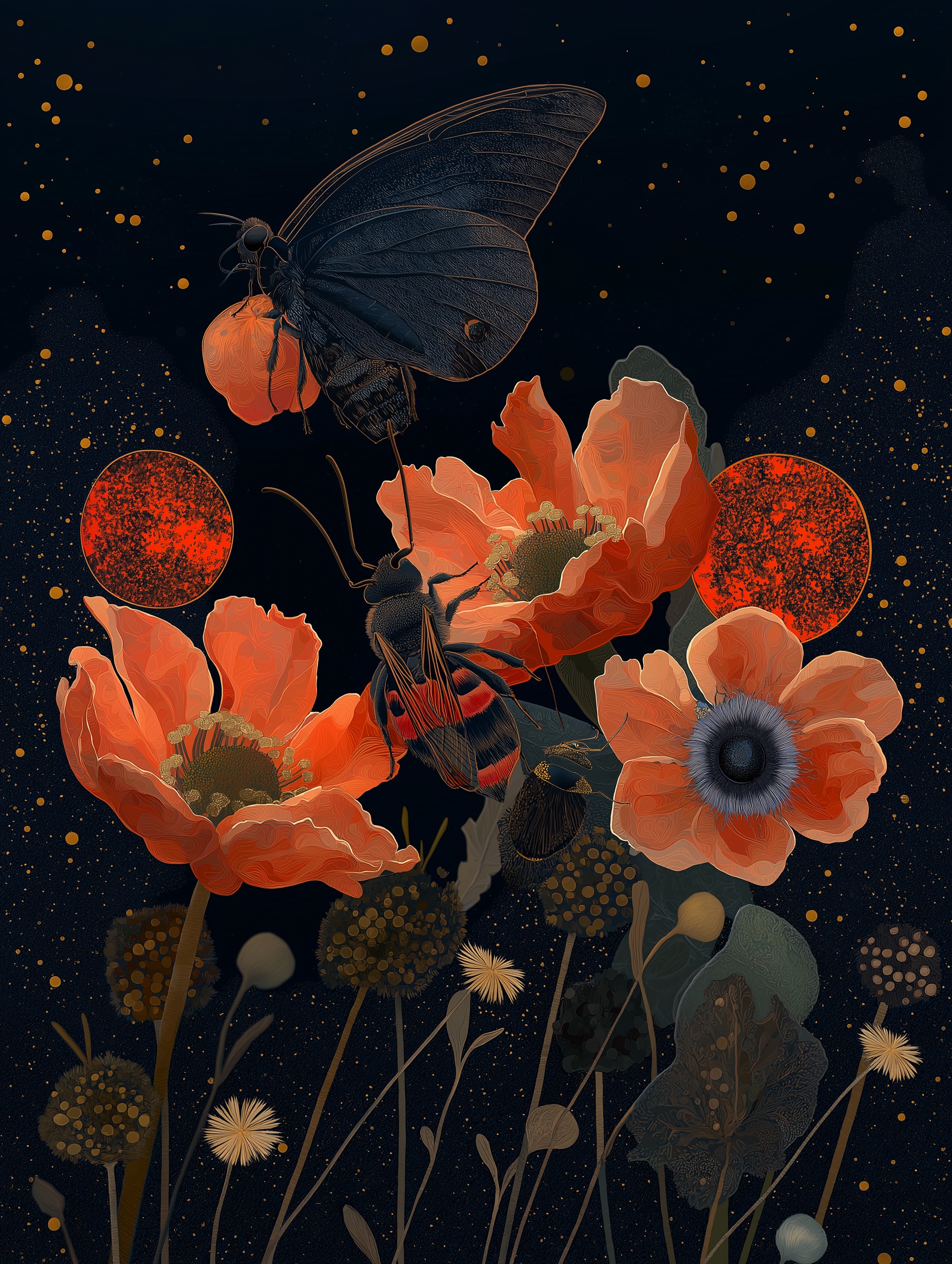 A moth with poppies and spores in coral and gold tones on a black background