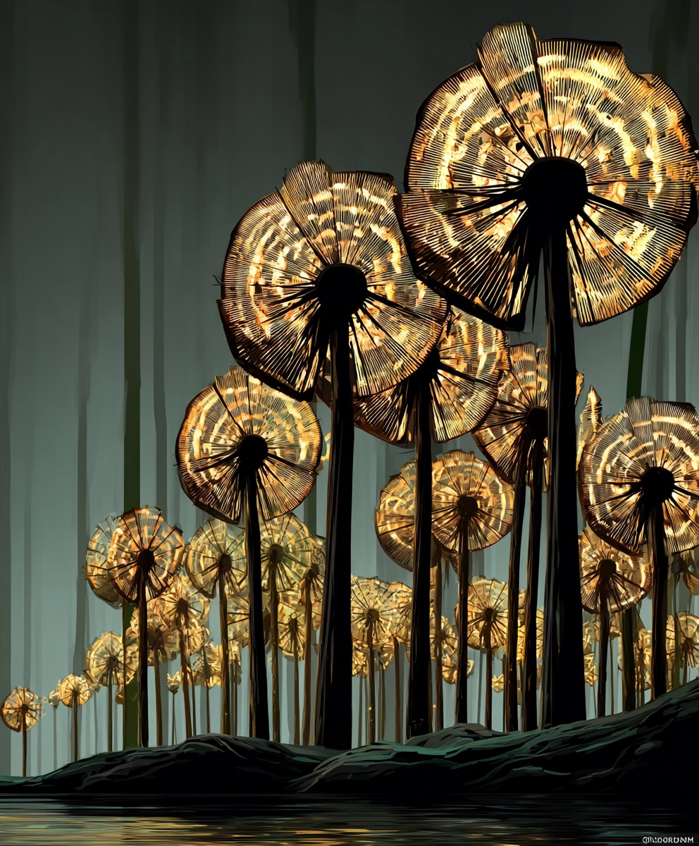 Golden dandelion seedheads glowing in a dark forest setting