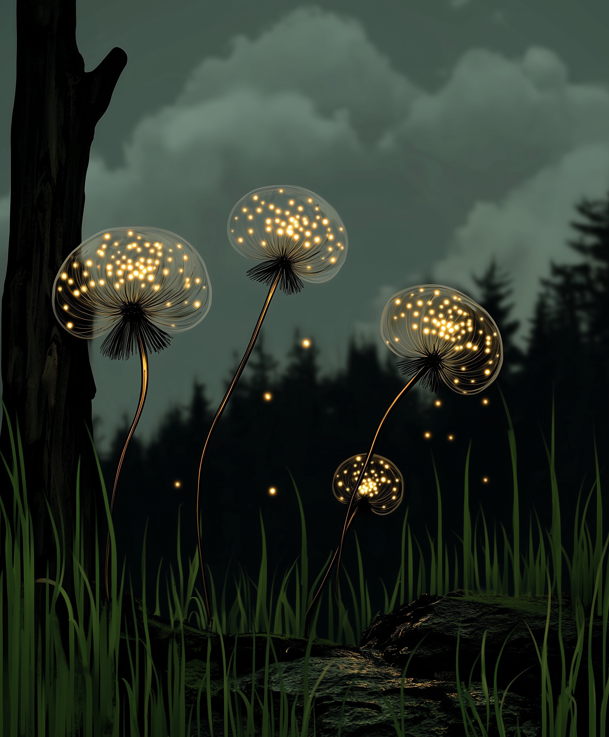Glowing dandelions at dusk with fireflies in sage, gold and grey tones