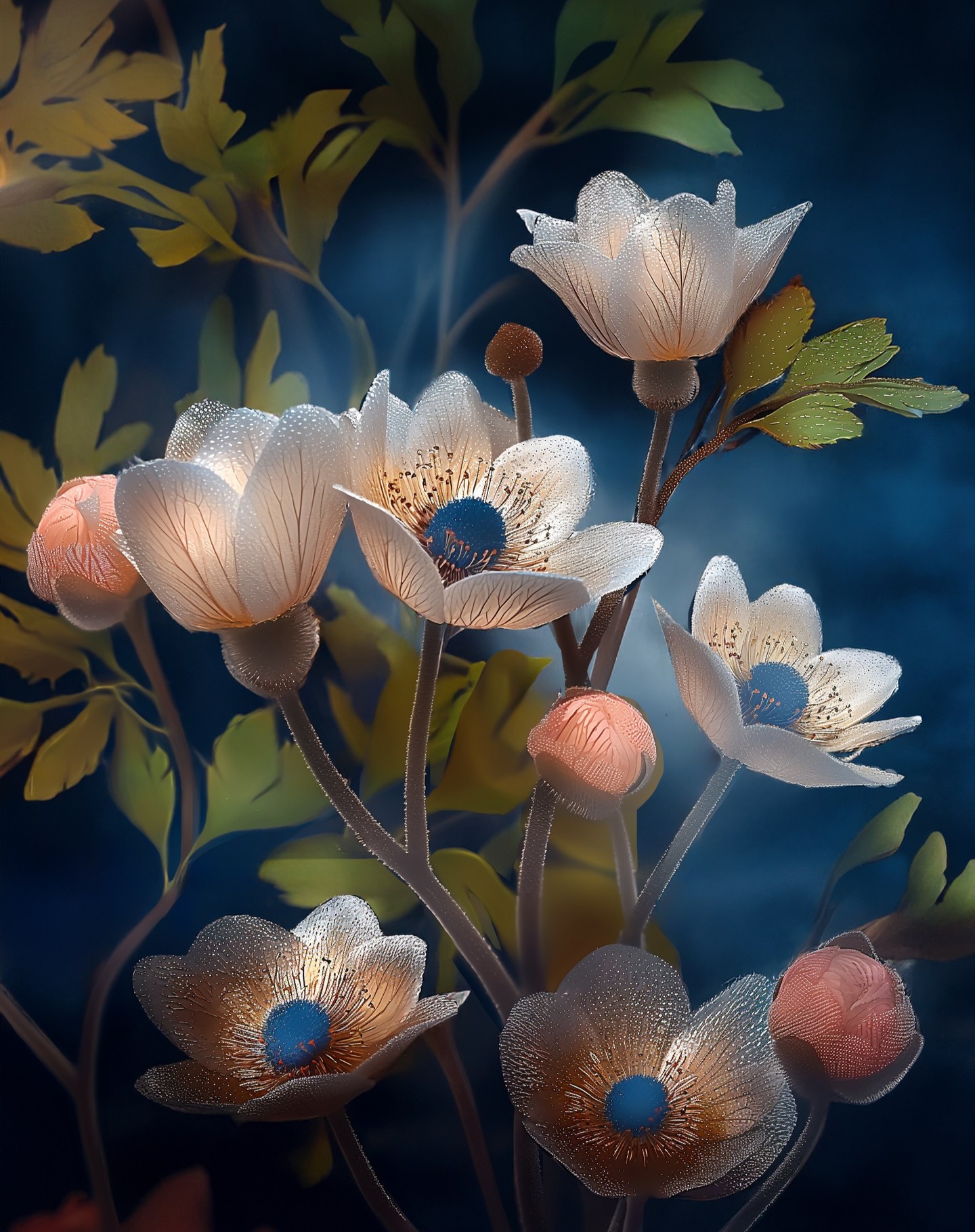 Luminous cream and coral anemone flowers with golden stamens against a deep blue-black background